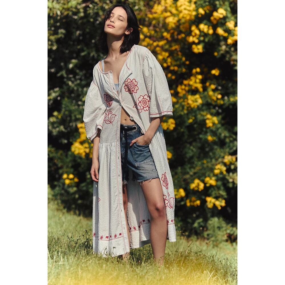 Free People Embroidered Cottage Bohemian Seersucker Saugatuck Midi Dress XL